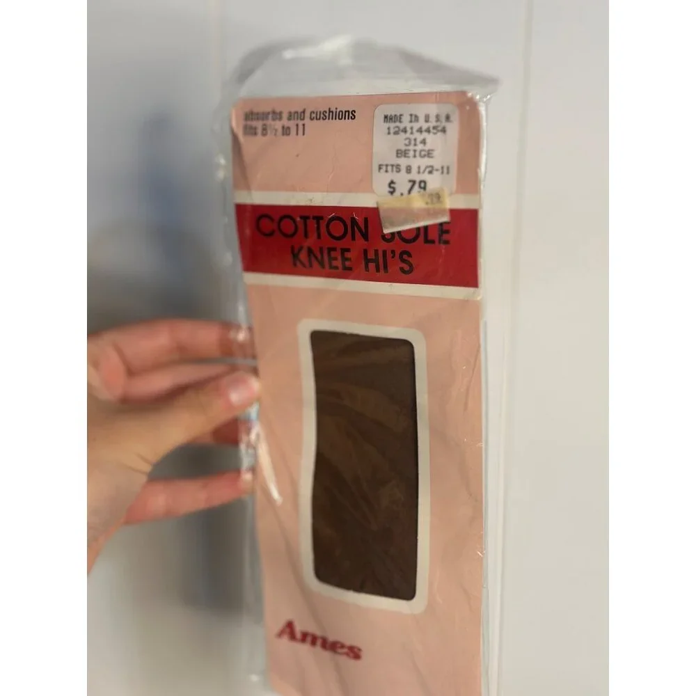 VTG 1980s Ames Cotton Sole Knee Highs - Beige, SZ 8½–11, NOS Hosiery Comfortable